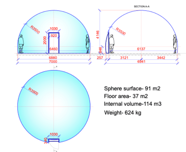 Ø7m (23 ft) H4,15m (12 ft) Luxury Aura Dome™ with Glass Door